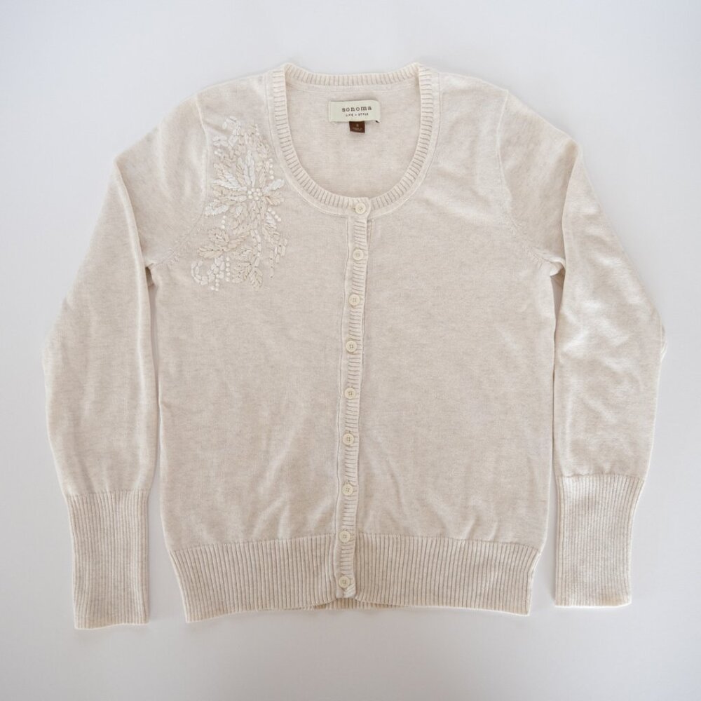 SONOMA LIFE + STYLE Oatmeal White Ivory Floral Bead Embellished Cardigan